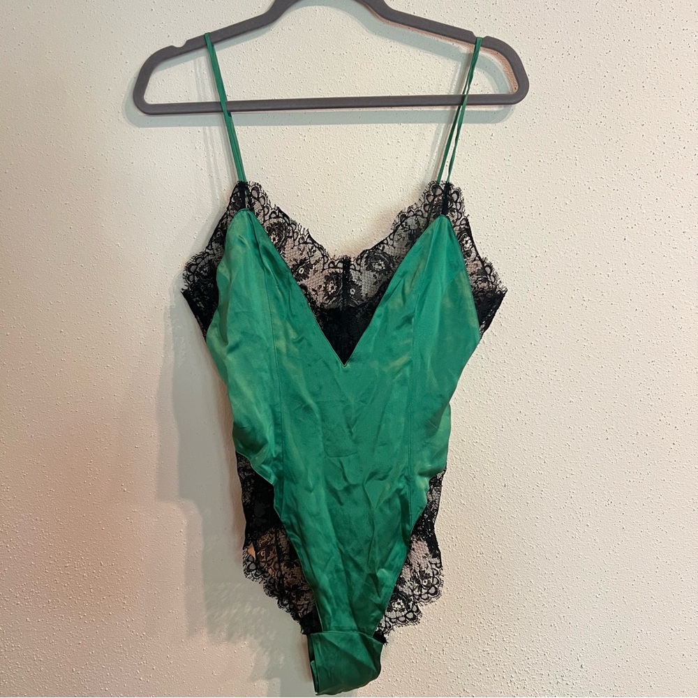 Lore Emerald Green and Black Lace 100% Silk Bodysuit